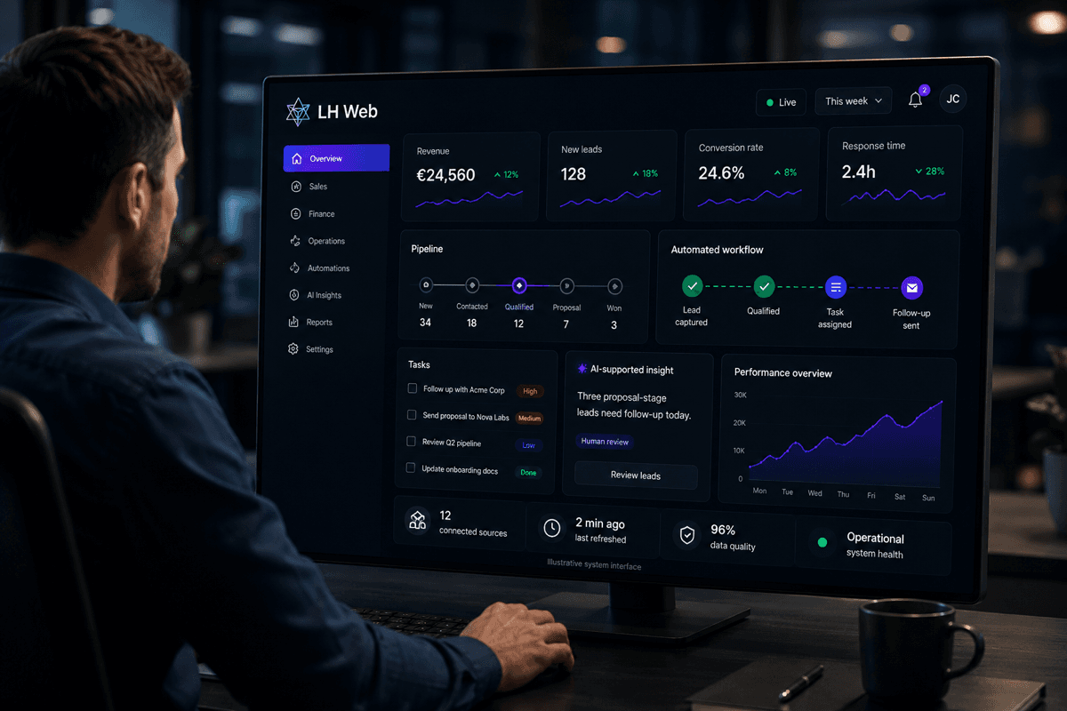 Professional working calmly from the LHWEB command center dashboard